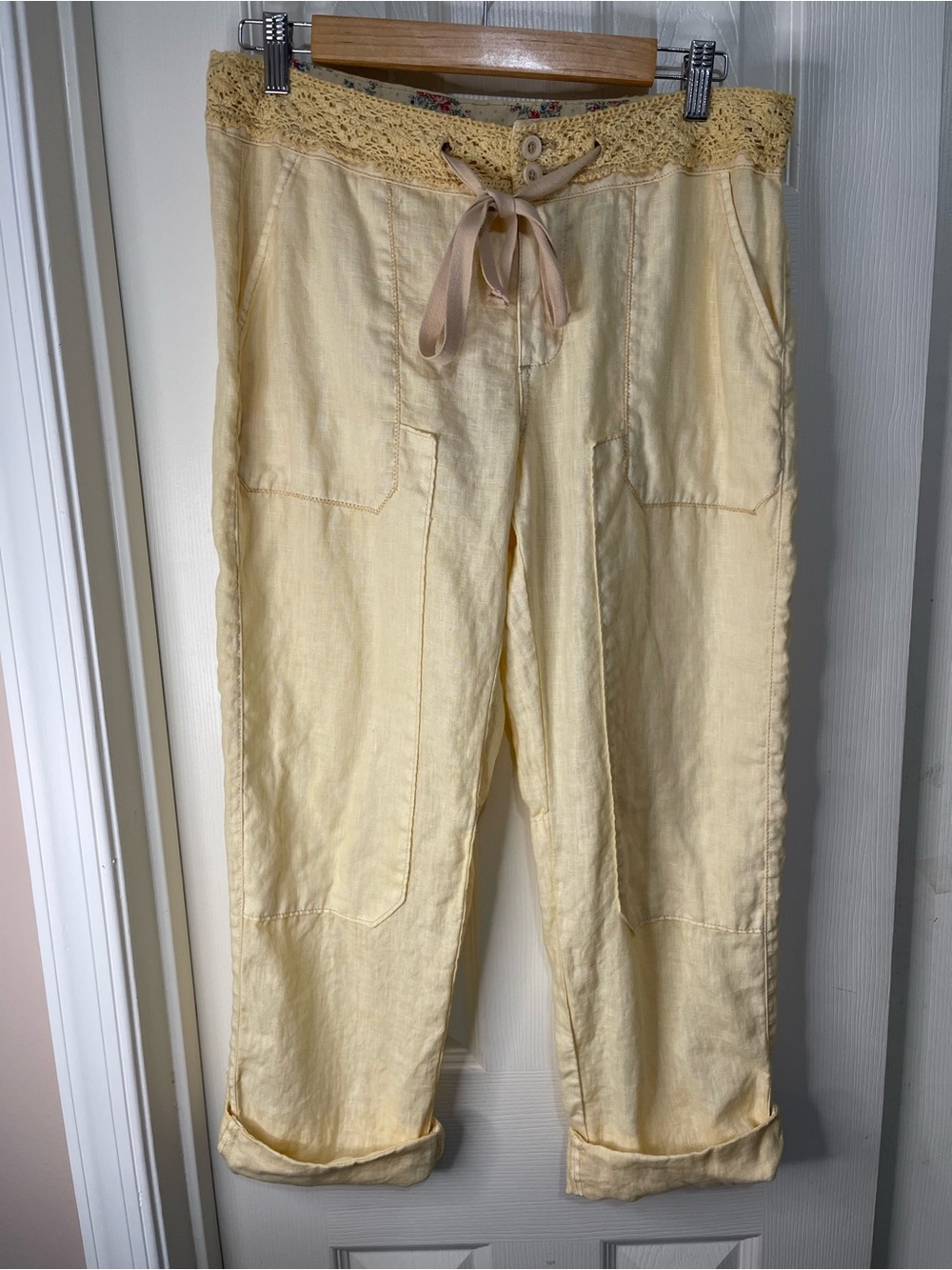 Anthropologie Hei Hei Butter Yellow Linen Beachy Crop Pants Crochet Waist 29